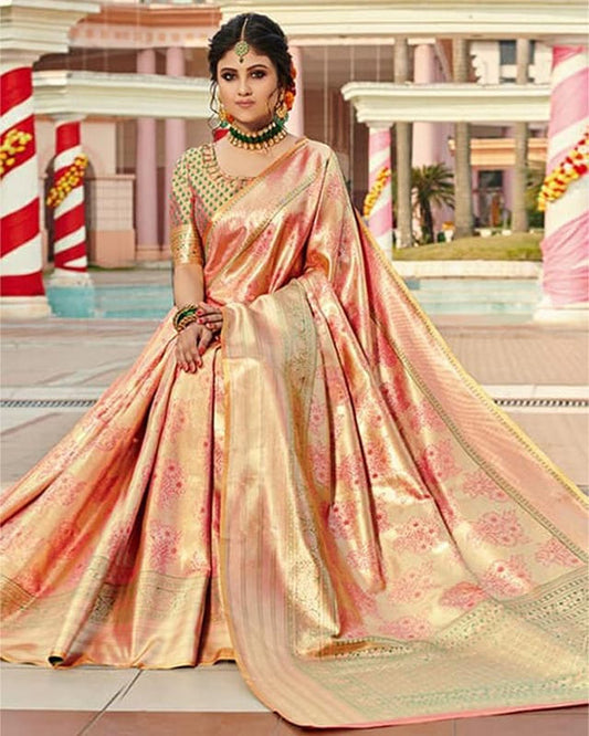 Peach pure silk saree with heavy aanchal golden border and printed blouse (Unstitched)