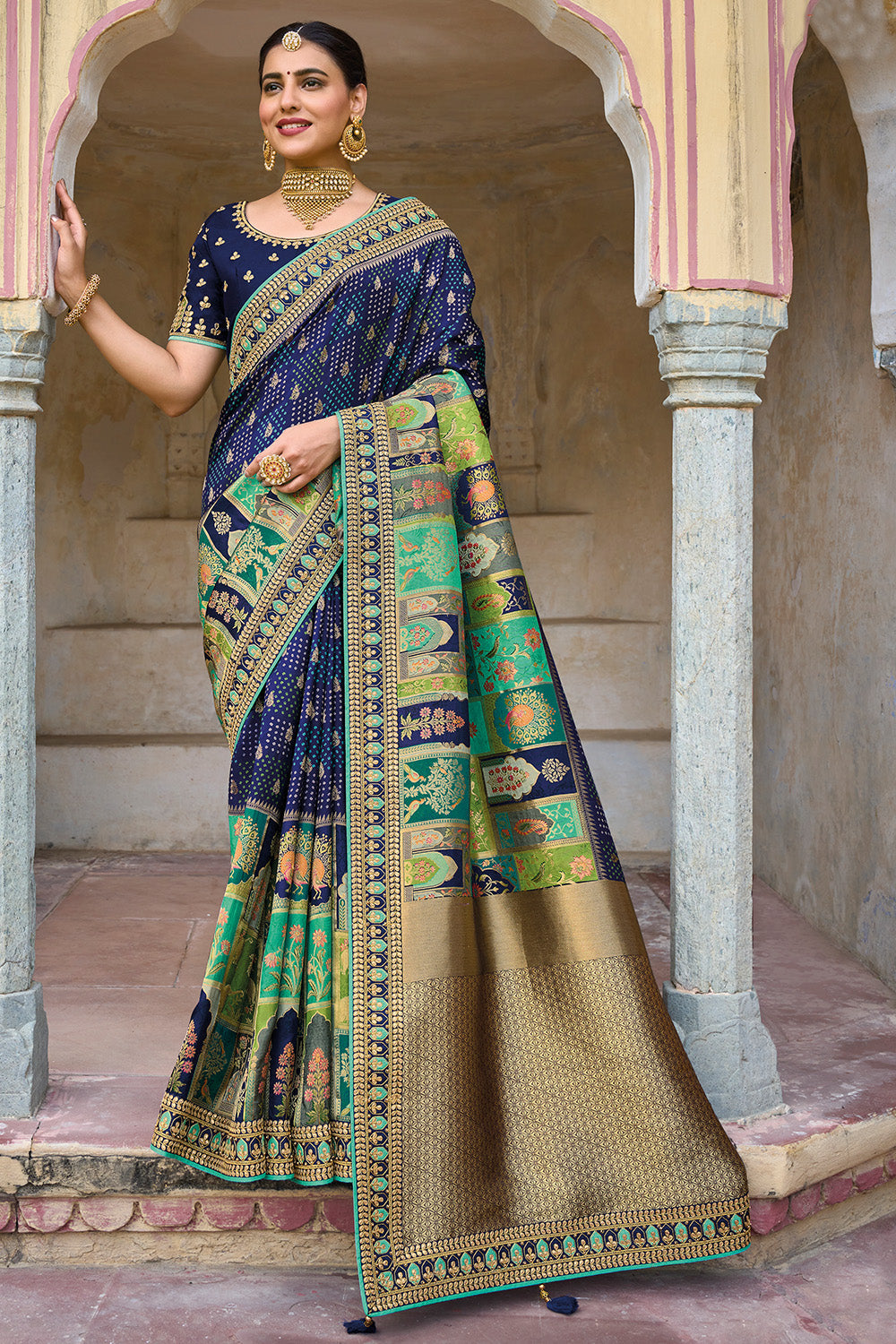 Midnight Blue pure silk saree with heavy aanchal golden border and printed blouse (Unstitched)