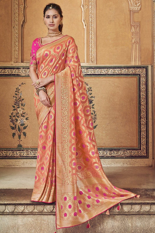 Peach pure silk saree with heavy aanchal golden border and printed blouse (Unstitched)