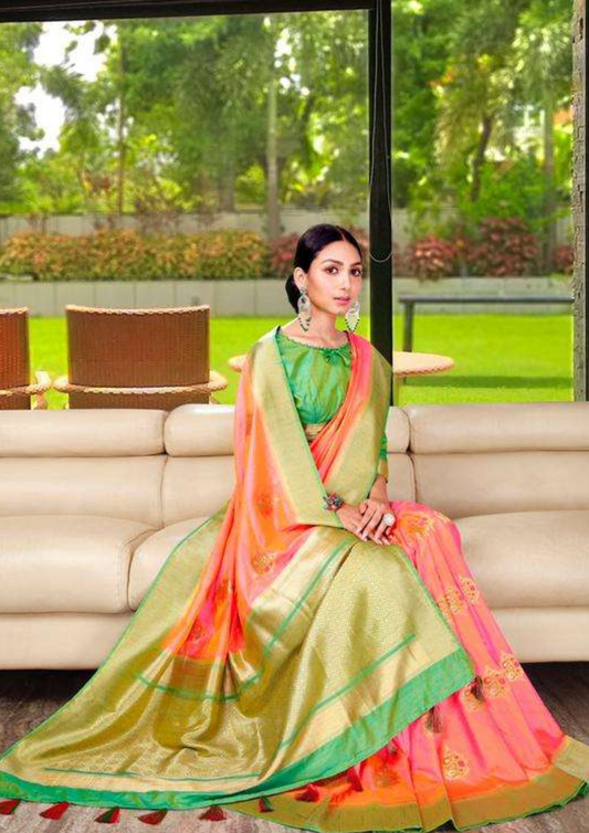 Peach pure silk saree with heavy aanchal green golden border and printed blouse (Unstitched)