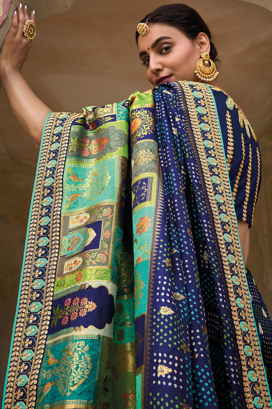 Midnight Blue pure silk saree with heavy aanchal golden border and printed blouse (Unstitched)