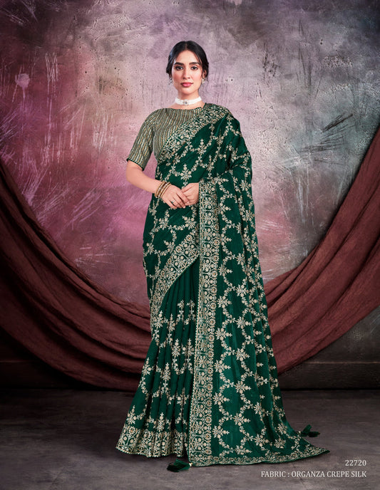 Bottle green pure silk saree with heavy aanchal golden border and printed blouse (Unstitched)