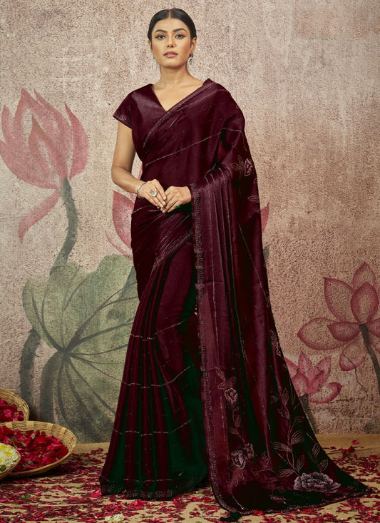 Maroon Velvet pure silk saree with heavy aanchal golden border and printed blouse (Unstitched)