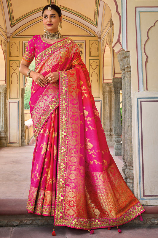 Pink pure silk saree with heavy aanchal golden border and printed blouse (Unstitched)