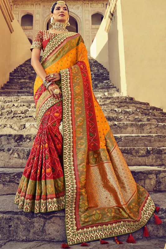 Red and Orange pure silk saree with heavy aanchal golden border and printed blouse (Unstitched)