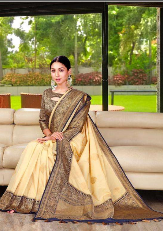 Pastel yellow pure silk saree with heavy aanchal navy blue golden border and printed blouse  (Unstitched)