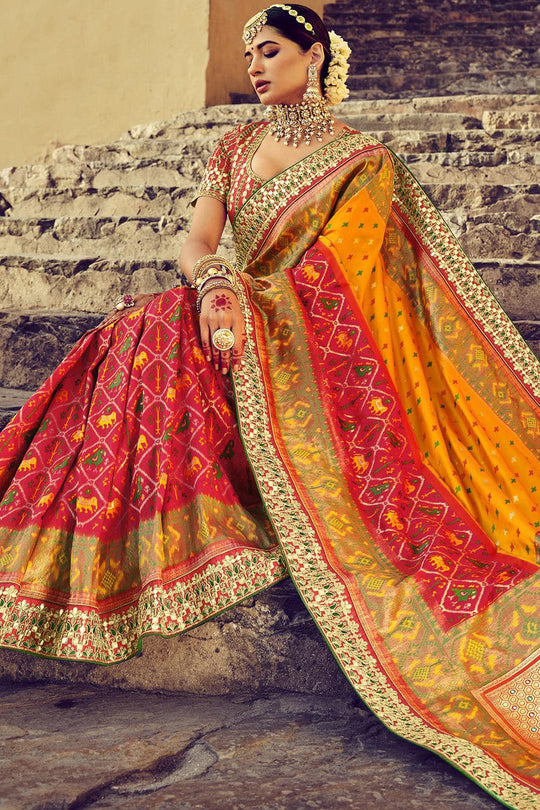 Red and Orange pure silk saree with heavy aanchal golden border and printed blouse (Unstitched)