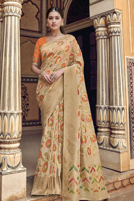 Pastel Beige pure silk saree with heavy aanchal golden border and printed blouse (Unstitched)