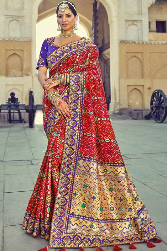 Red pure silk saree with heavy aanchal golden border and printed blouse (Unstitched)