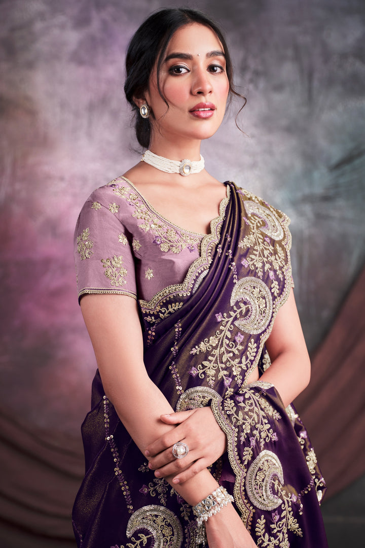 Purple pure silk saree with heavy aanchal golden border and printed blouse (Unstitched)