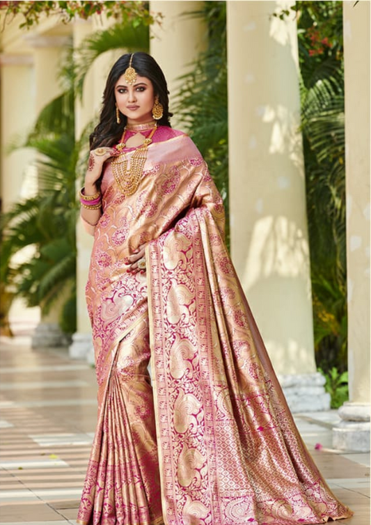 Pink pure silk saree with heavy aanchal golden border and printed blouse (Unstitched)