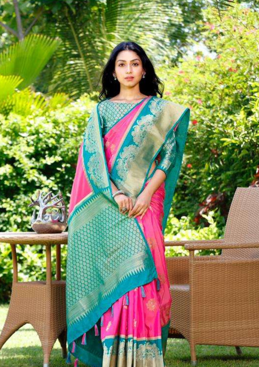 Pink pure silk saree with heavy aanchal turquoise blue golden border and printed blouse (Unstitched)