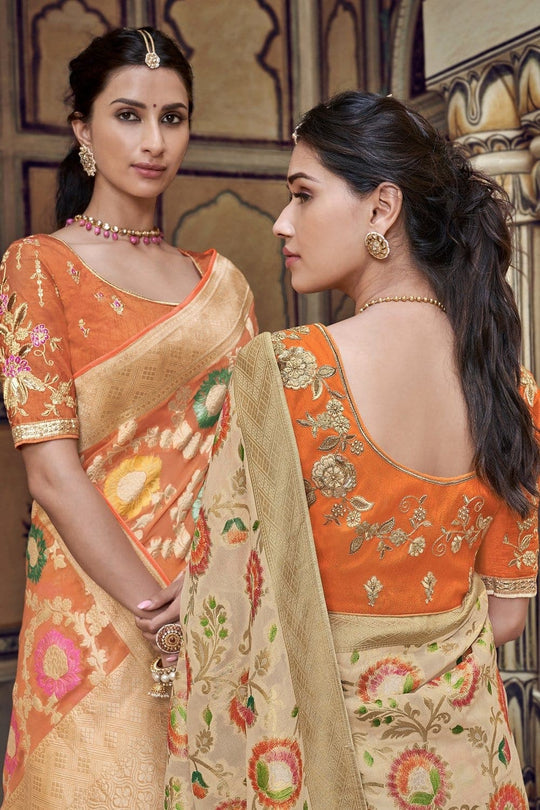 Pastel Beige pure silk saree with heavy aanchal golden border and printed blouse (Unstitched)