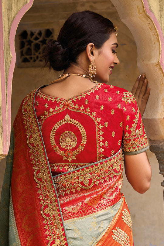 Red pure silk saree with heavy aanchal golden border and printed blouse (Unstitched)