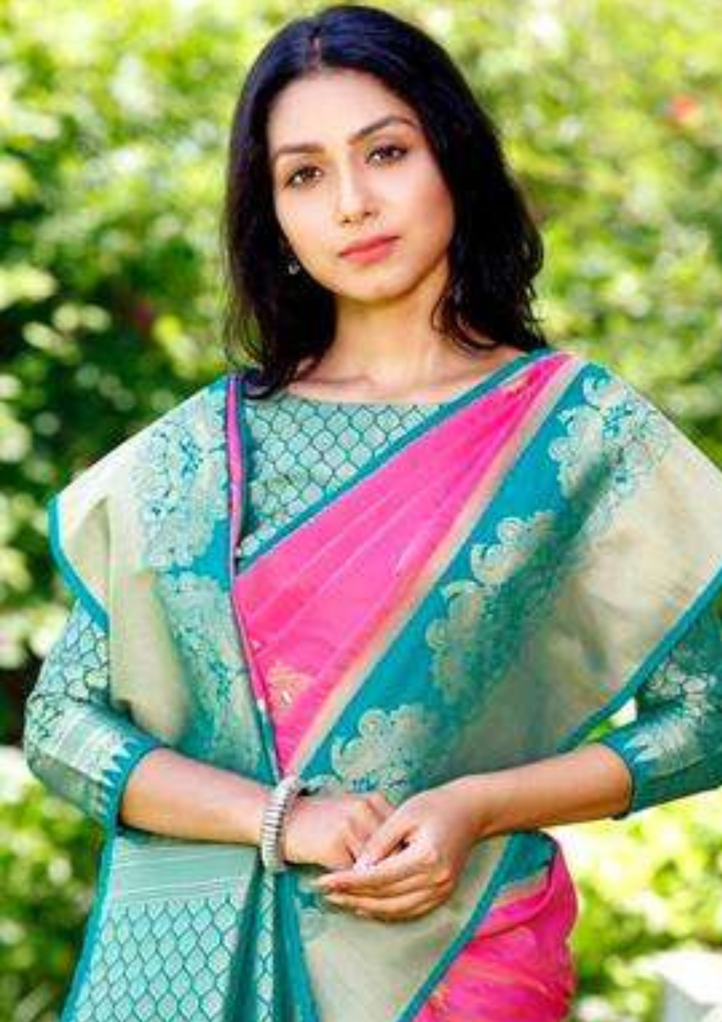 Pink pure silk saree with heavy aanchal turquoise blue golden border and printed blouse (Unstitched)