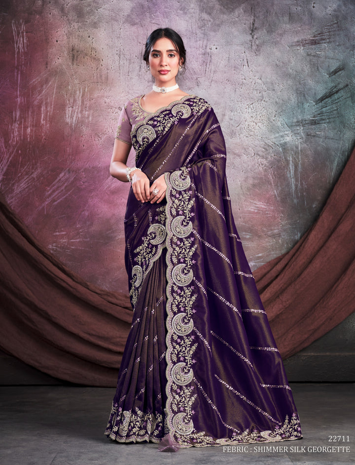 Purple pure silk saree with heavy aanchal golden border and printed blouse (Unstitched)