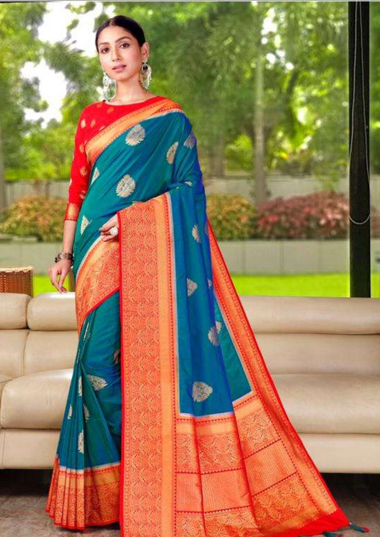 Blue pure silk saree with heavy aanchal red golden border and red printed blouse (Unstitched)