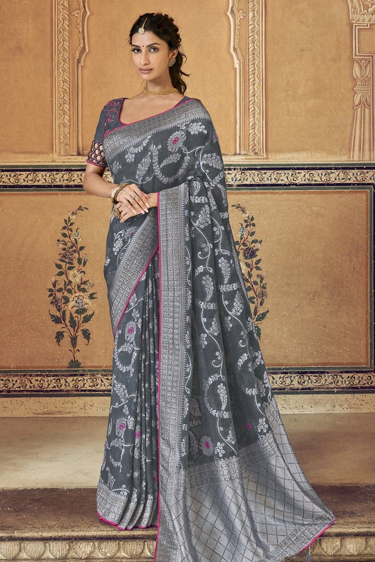 Grey pure silk saree with heavy aanchal golden border and printed blouse (Unstitched)