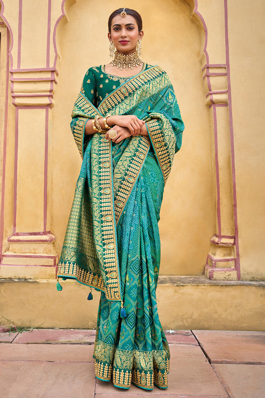 Aquatic Green pure silk saree with heavy aanchal golden border and printed blouse (Unstitched)