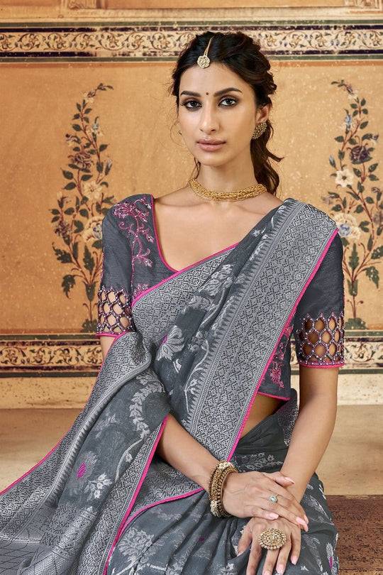 Grey pure silk saree with heavy aanchal golden border and printed blouse (Unstitched)