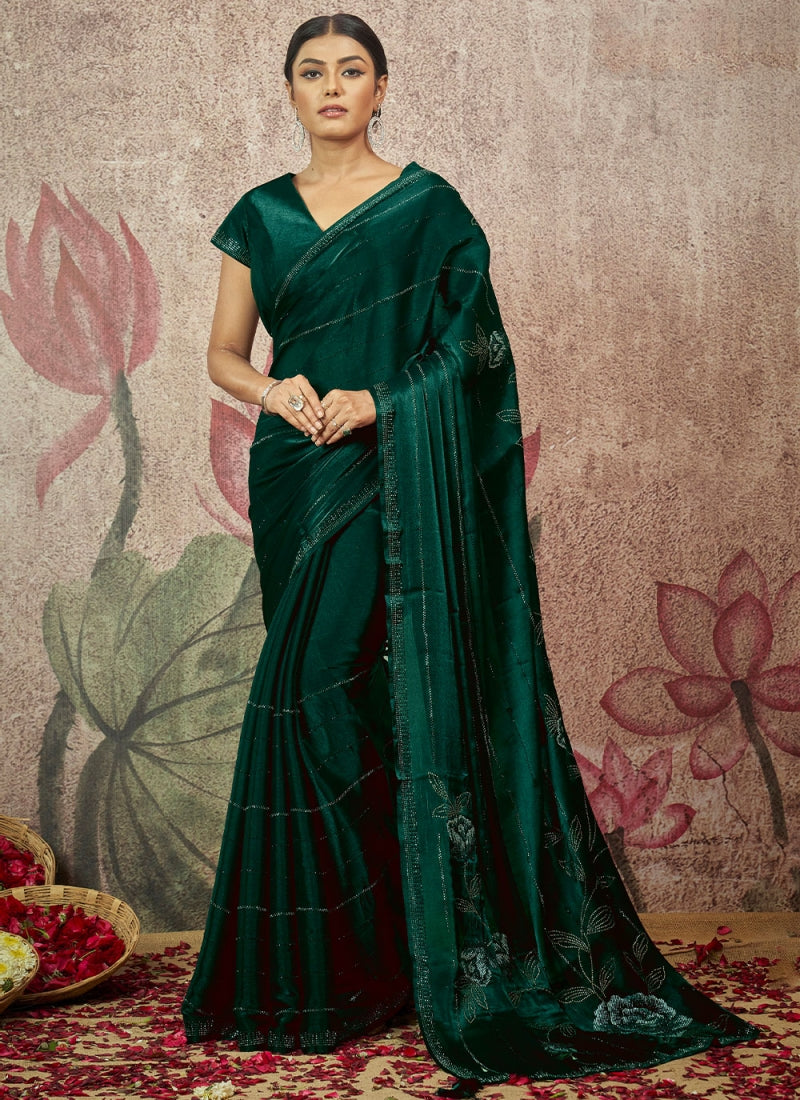 Bottle Green Velvet pure silk saree with heavy aanchal golden border and printed blouse (Unstitched)