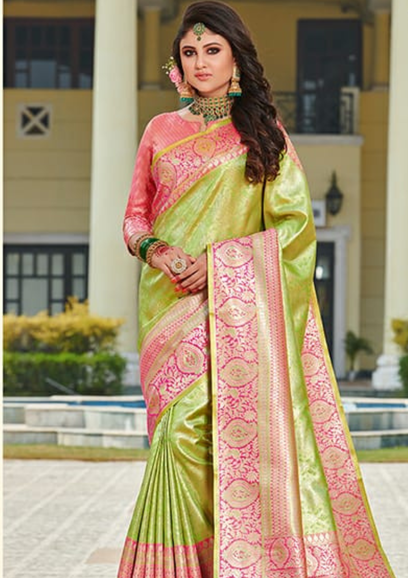 Parrot Green pure silk saree with heavy aanchal golden border and printed blouse (Unstitched)