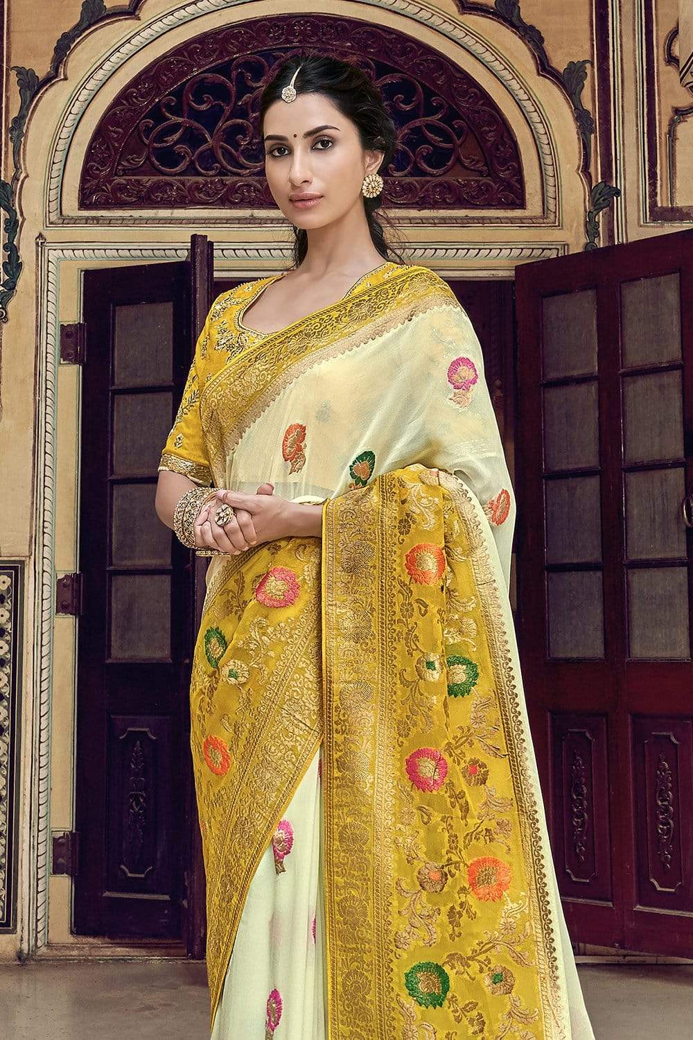 Yellow and Cream pure silk saree with heavy aanchal golden border and printed blouse (Unstitched)