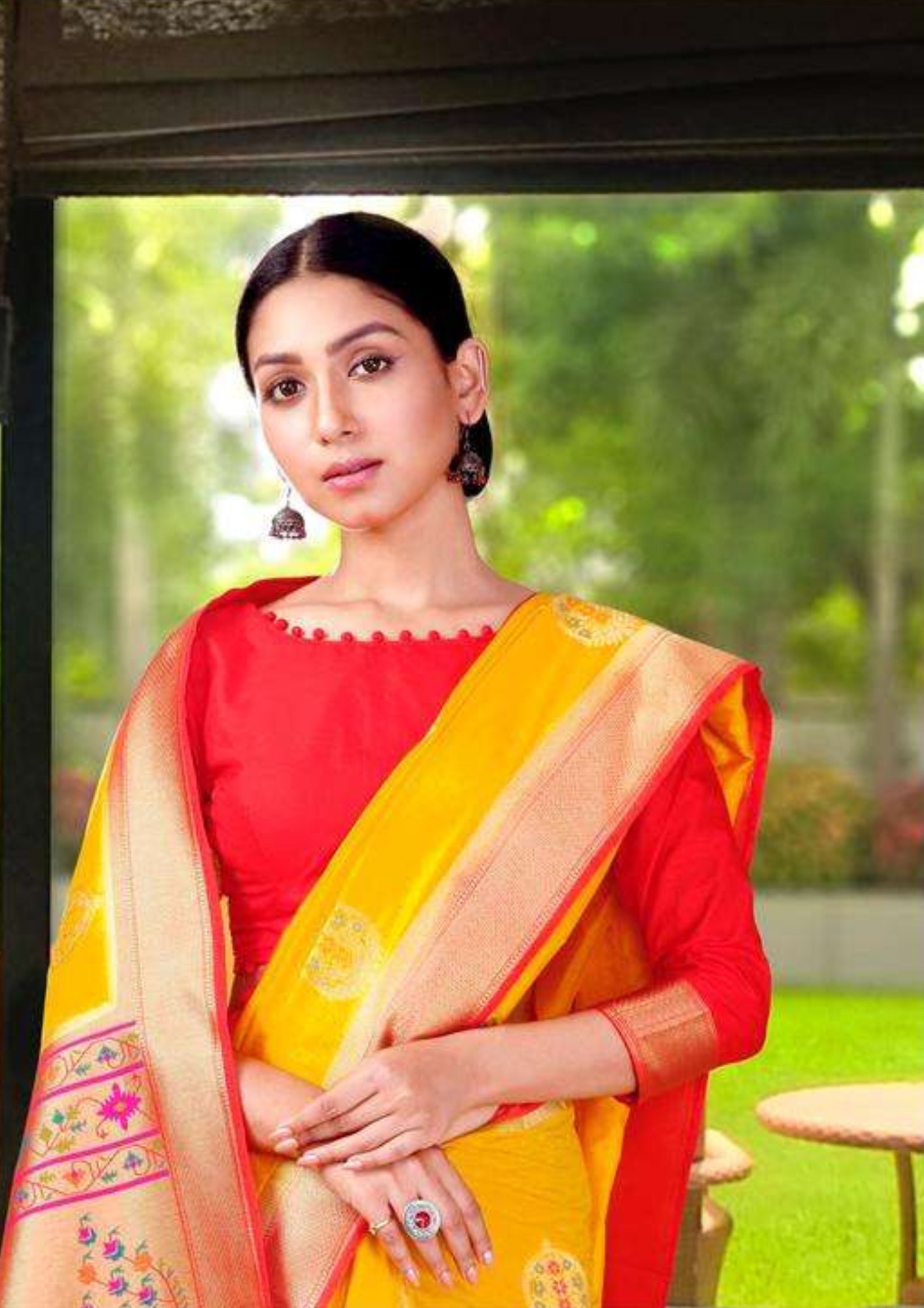 Yellow pure silk saree with heavy aanchal red golden border and printed red blouse (Unstitched)