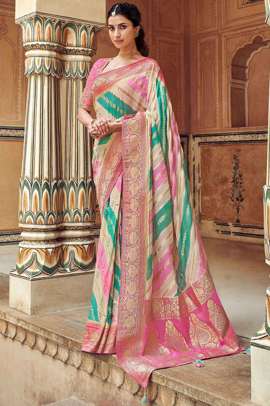 Baby Pink pure silk saree with heavy aanchal golden border and printed blouse (Unstitched)