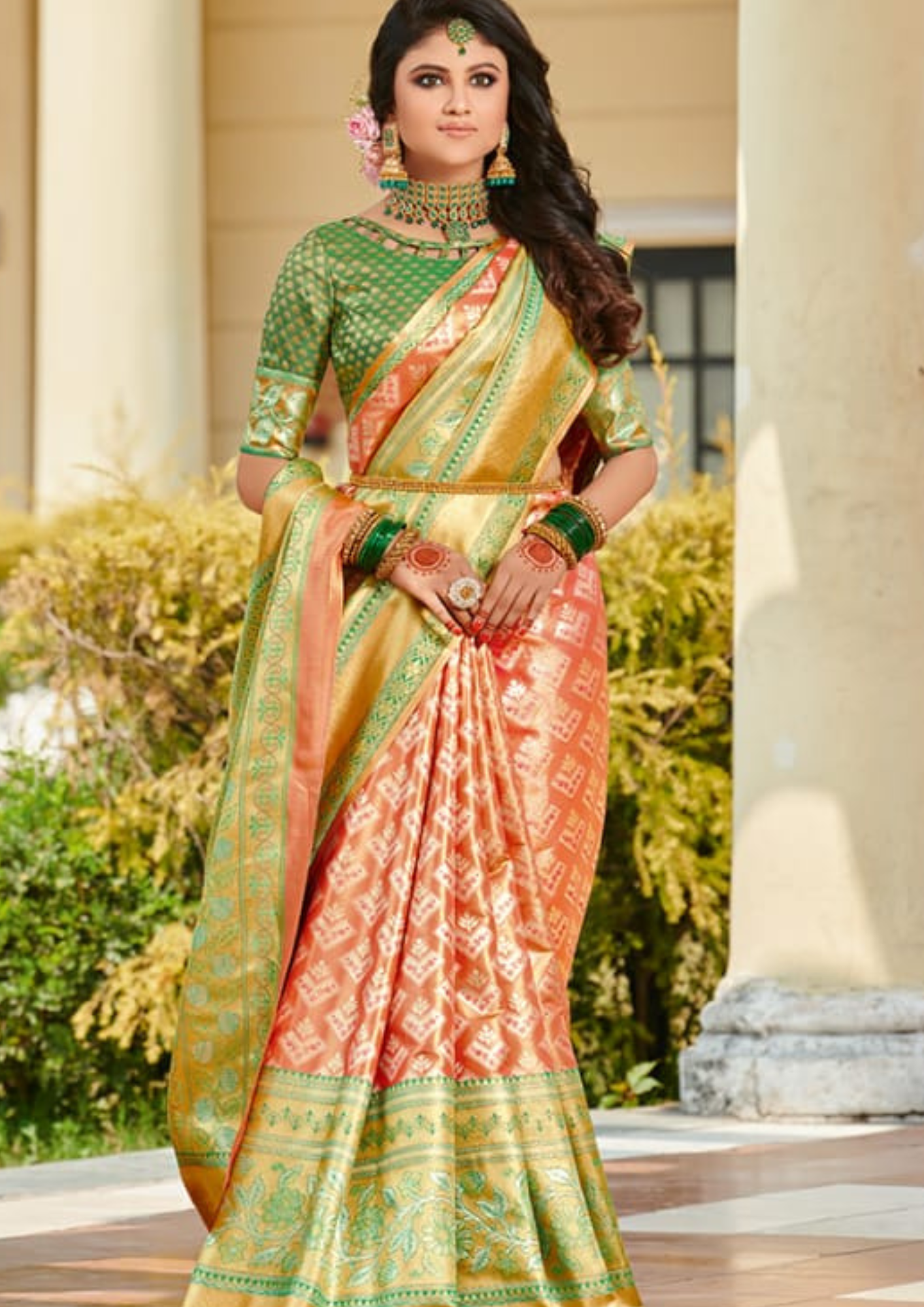 Light Orange pure silk saree with heavy aanchal golden border and printed blouse (Unstitched)