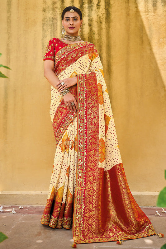 Red and Cream pure silk saree with heavy aanchal golden border and printed blouse (Unstitched)