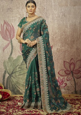 Green algae pure silk saree with heavy aanchal golden border and printed blouse (Unstitched)