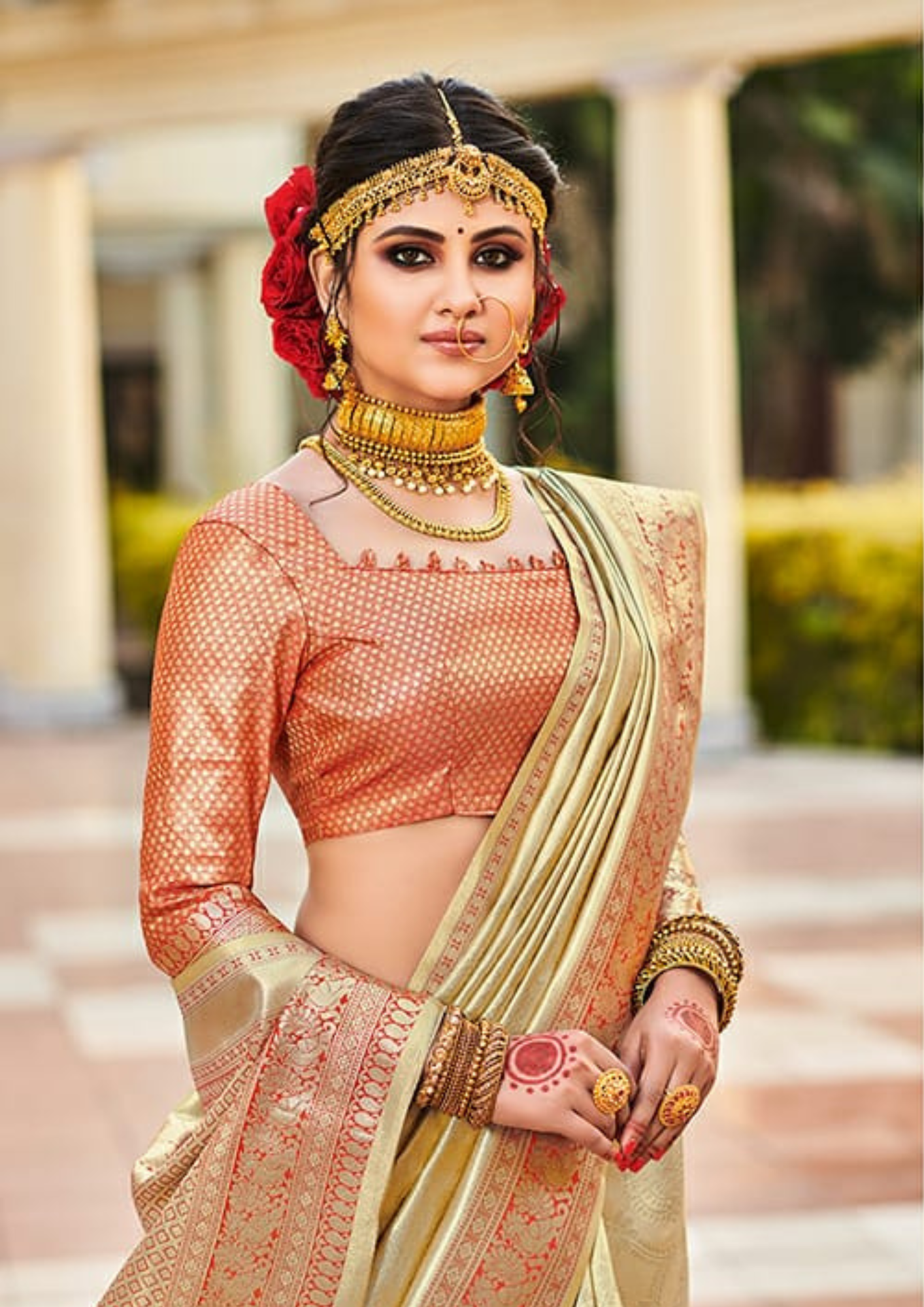 Golden pure silk saree with heavy aanchal golden border and printed blouse (Unstitched)