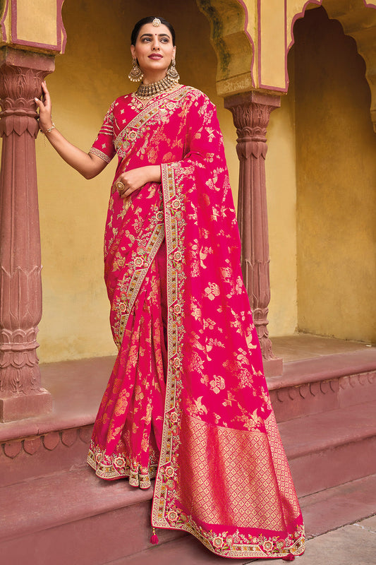 Pink pure silk saree with heavy aanchal golden border and printed blouse (Unstitched)