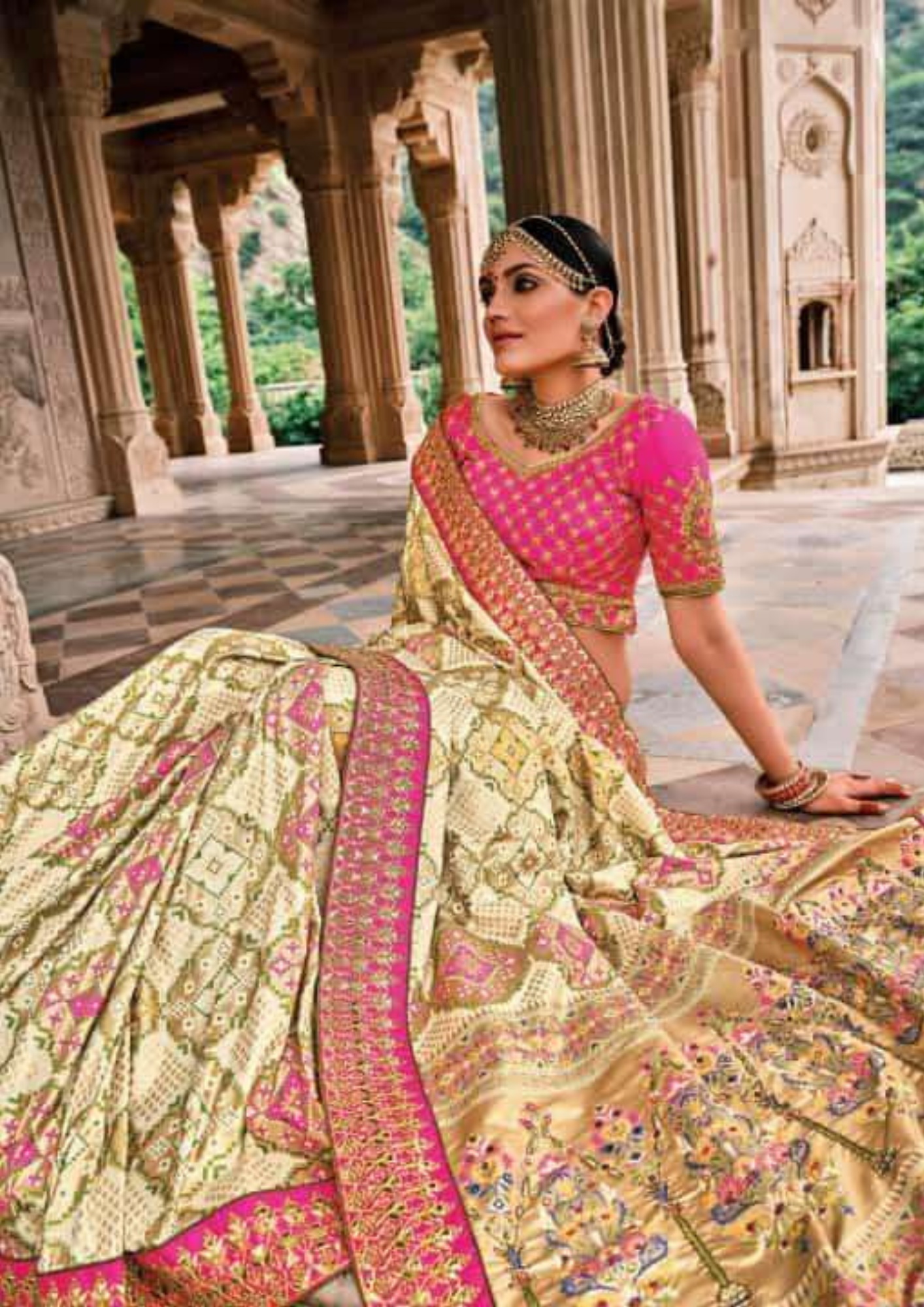 Flax Yellow Patola pure silk saree with heavy aanchal Pink border and printed blouse (Unstitched)