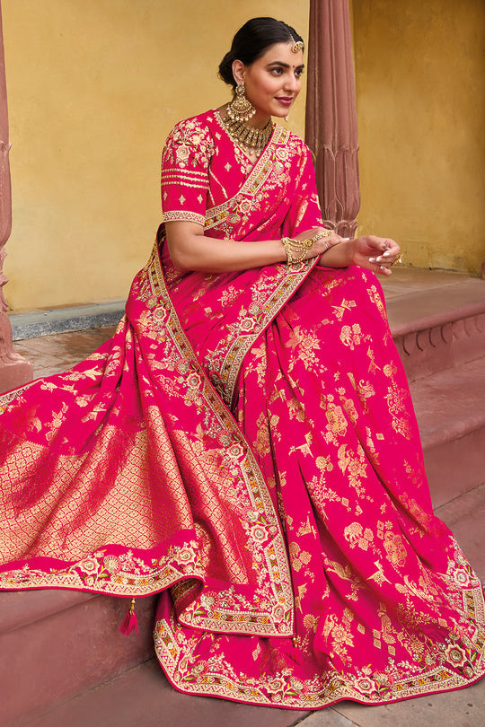 Pink pure silk saree with heavy aanchal golden border and printed blouse (Unstitched)