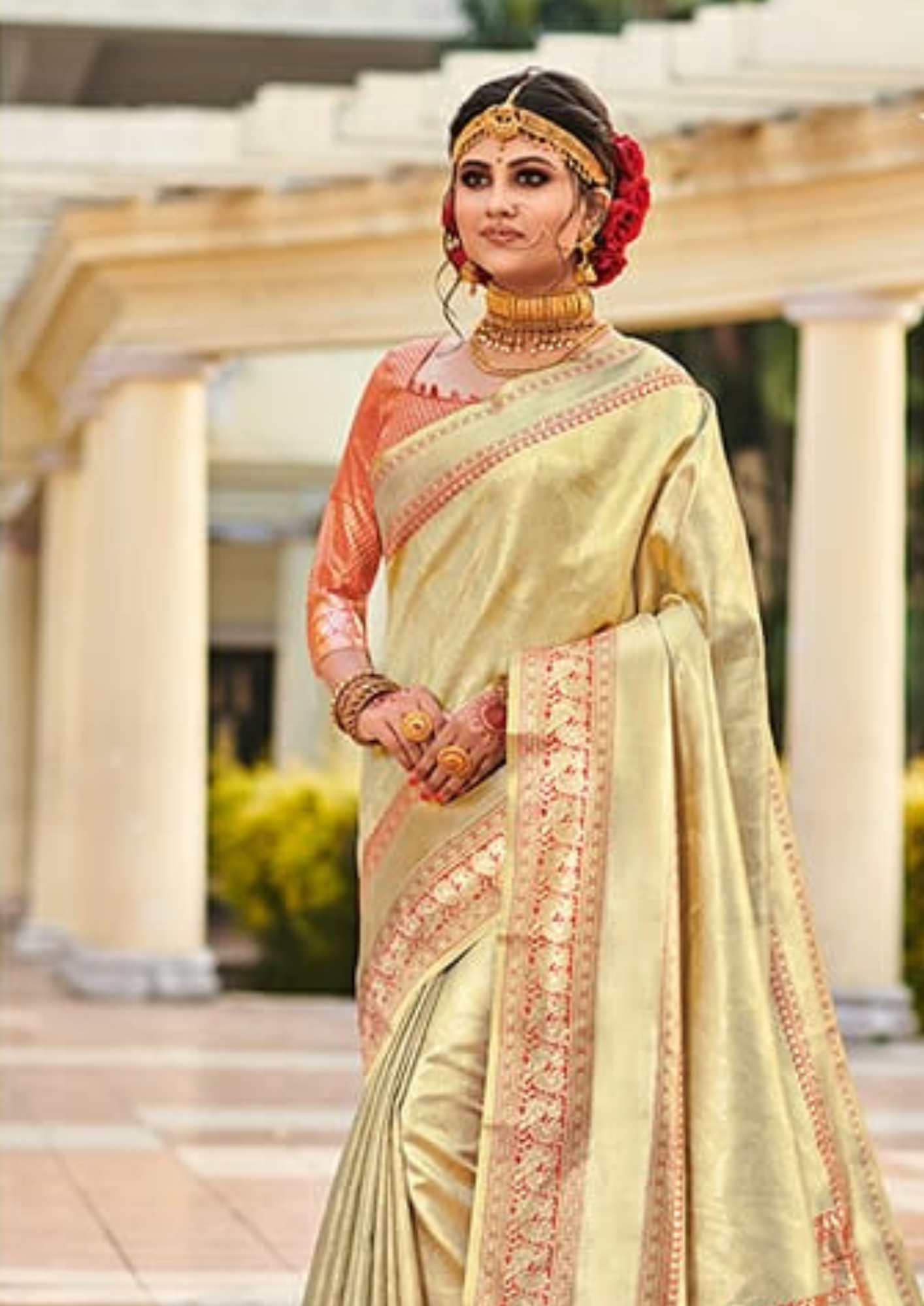 Golden pure silk saree with heavy aanchal golden border and printed blouse (Unstitched)