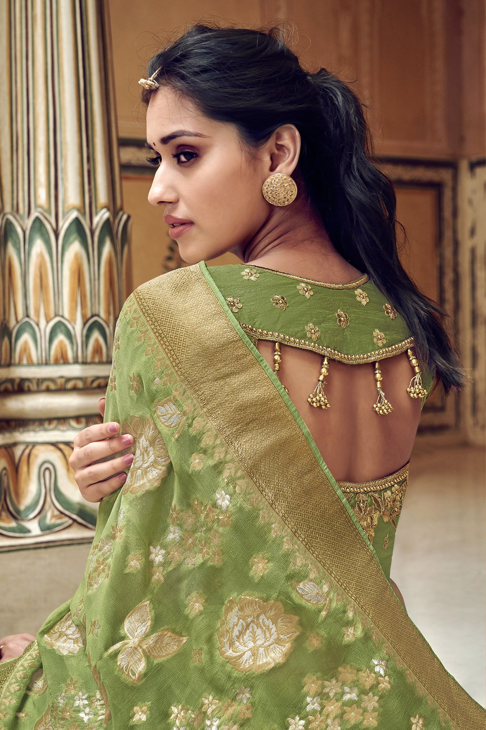 Green pure silk saree with heavy aanchal golden border and printed blouse (Unstitched)