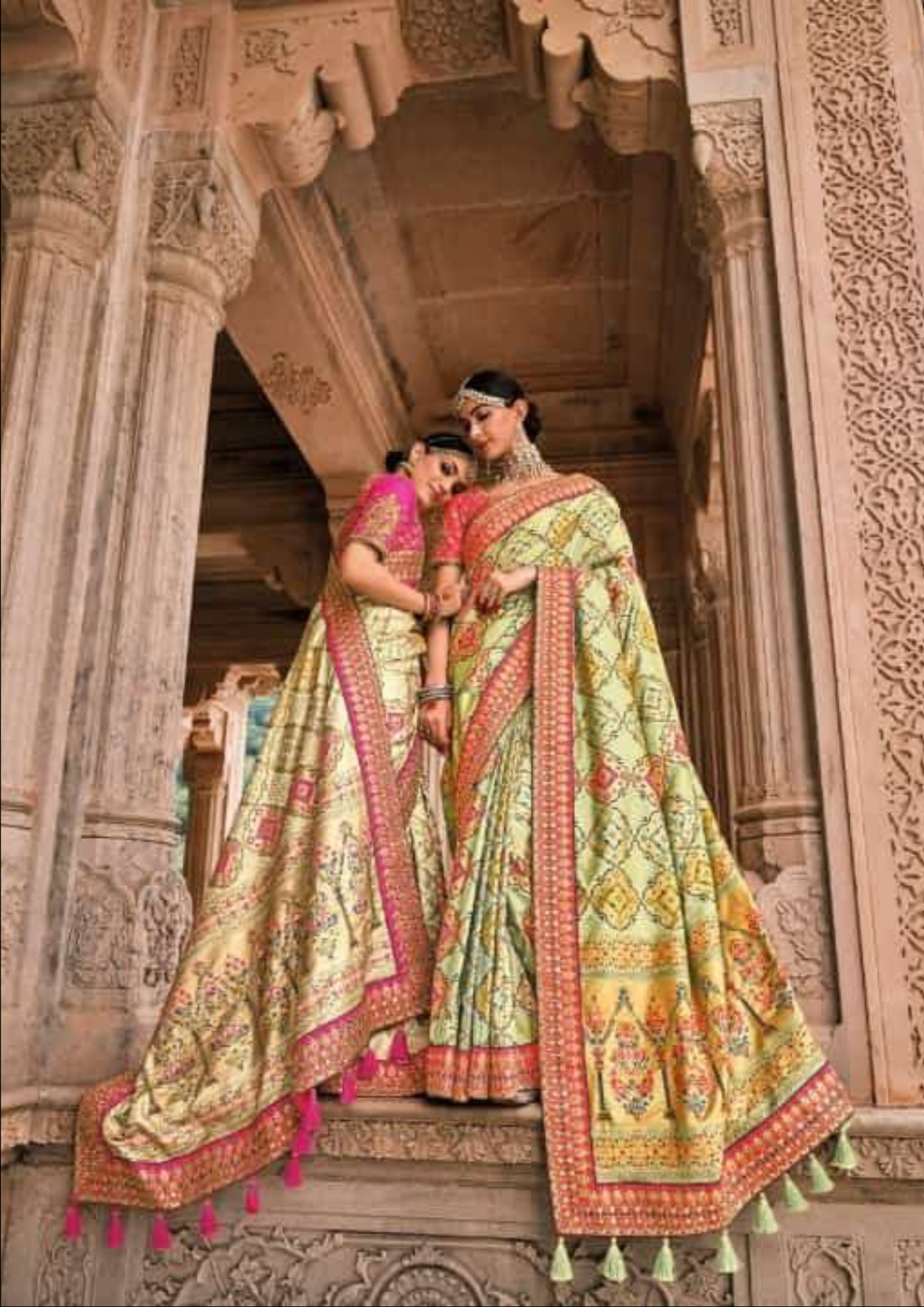 Flax Yellow Patola pure silk saree with heavy aanchal Pink border and printed blouse (Unstitched)