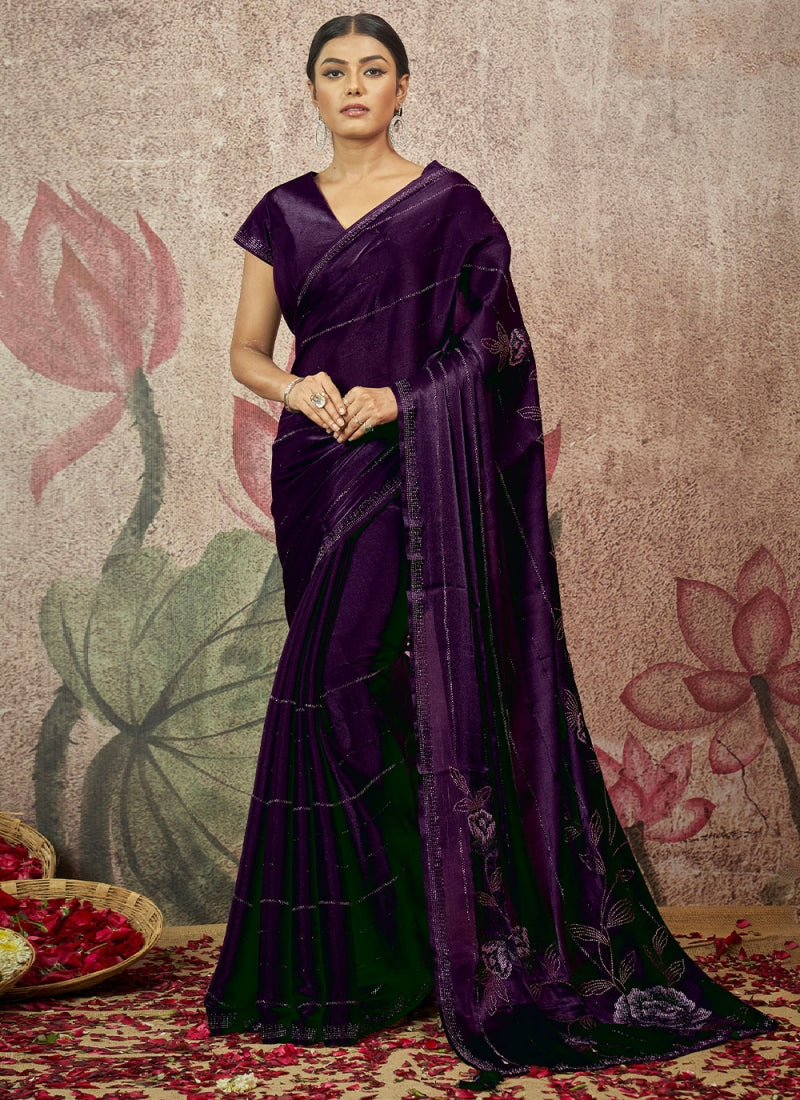 Dark Purple Velvet pure silk saree with heavy aanchal golden border and printed blouse (Unstitched)