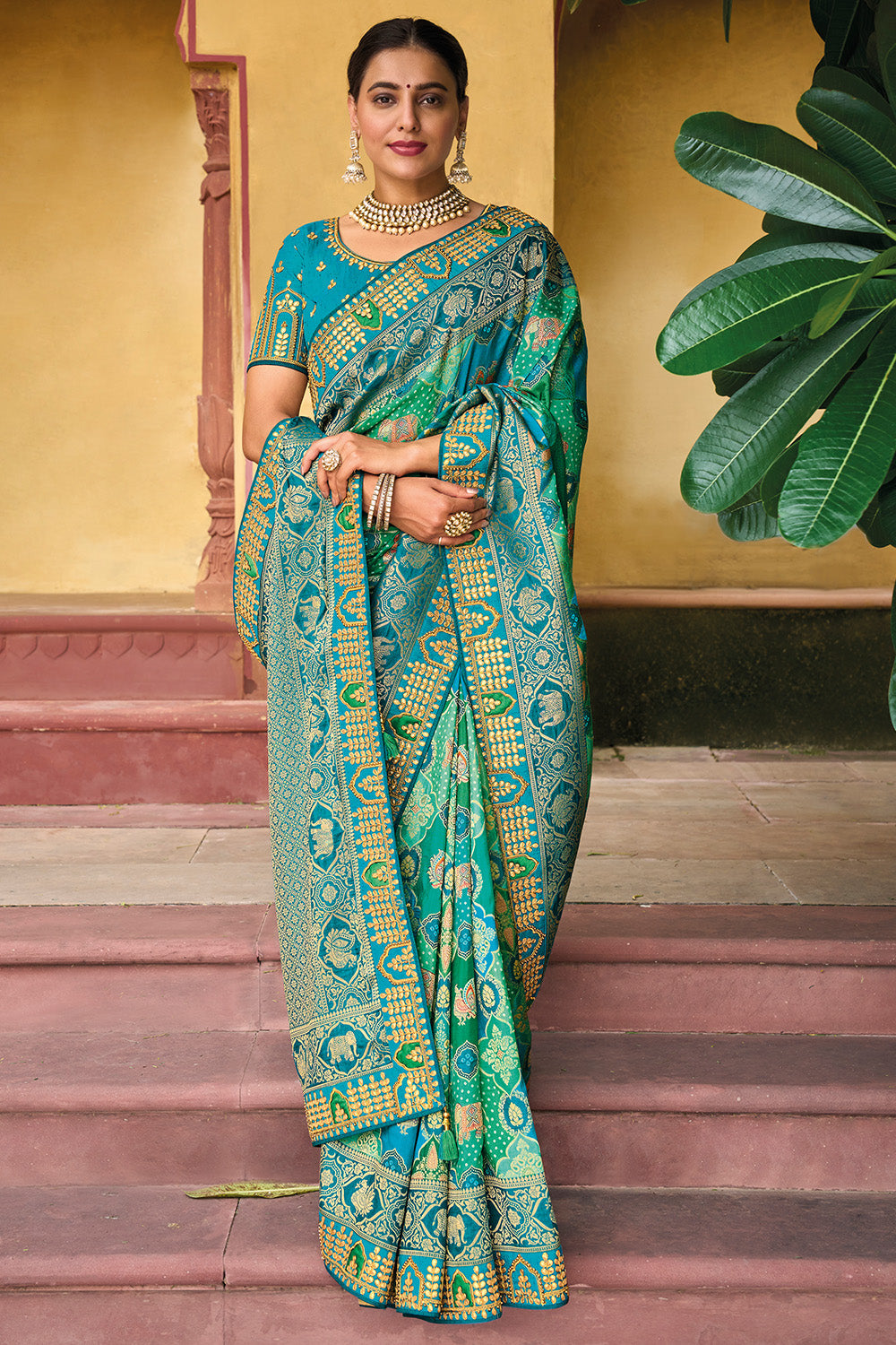 Teal Green pure silk saree with heavy aanchal golden border and printed blouse (Unstitched)