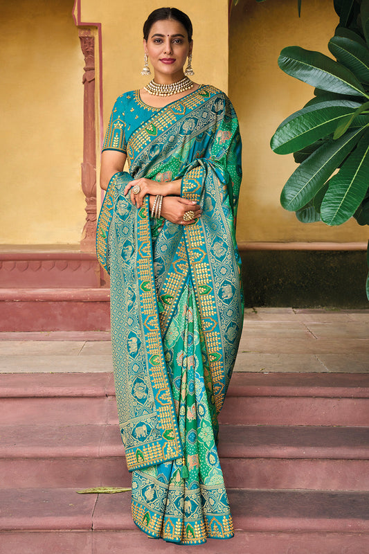 Teal Green pure silk saree with heavy aanchal golden border and printed blouse (Unstitched)