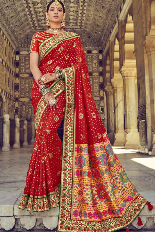 Red pure silk saree with heavy aanchal golden border and printed blouse (Unstitched)