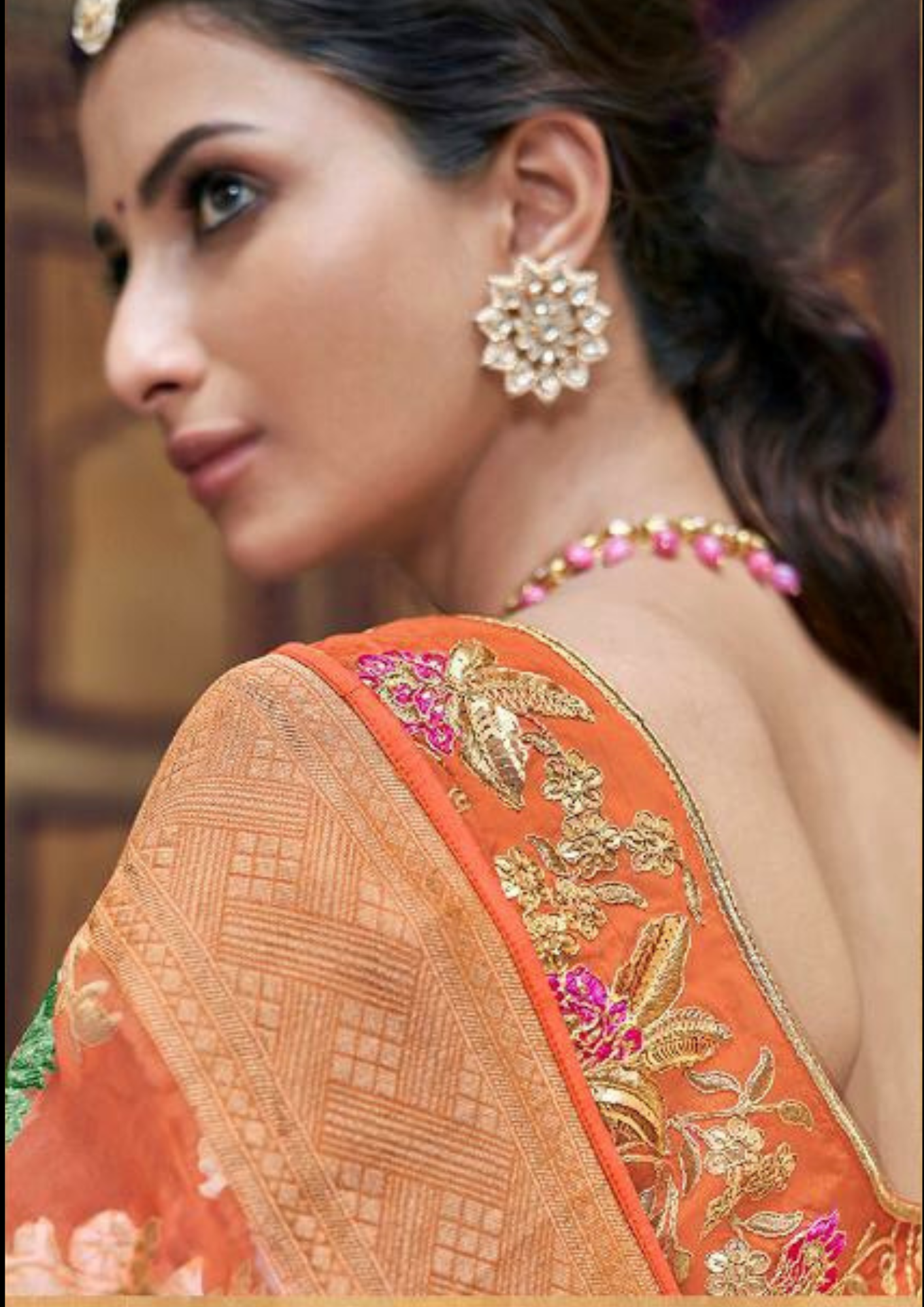 Orange pure silk saree with heavy aanchal golden border and printed blouse (Unstitched)