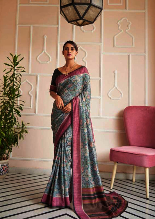 Stone Blue printed pure silk saree with pink border and contrasting blouse (Unstitched)