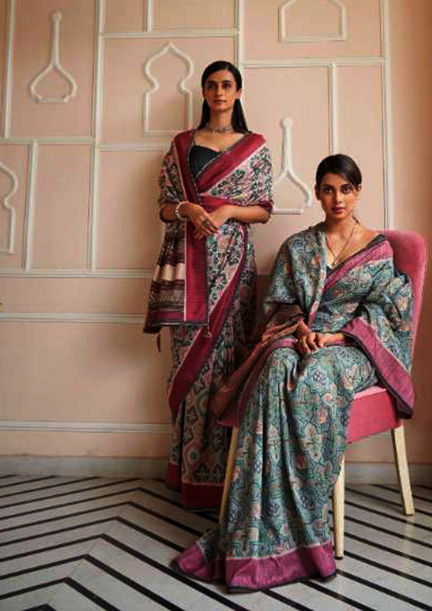 Stone Blue printed pure silk saree with pink border and contrasting blouse (Unstitched)