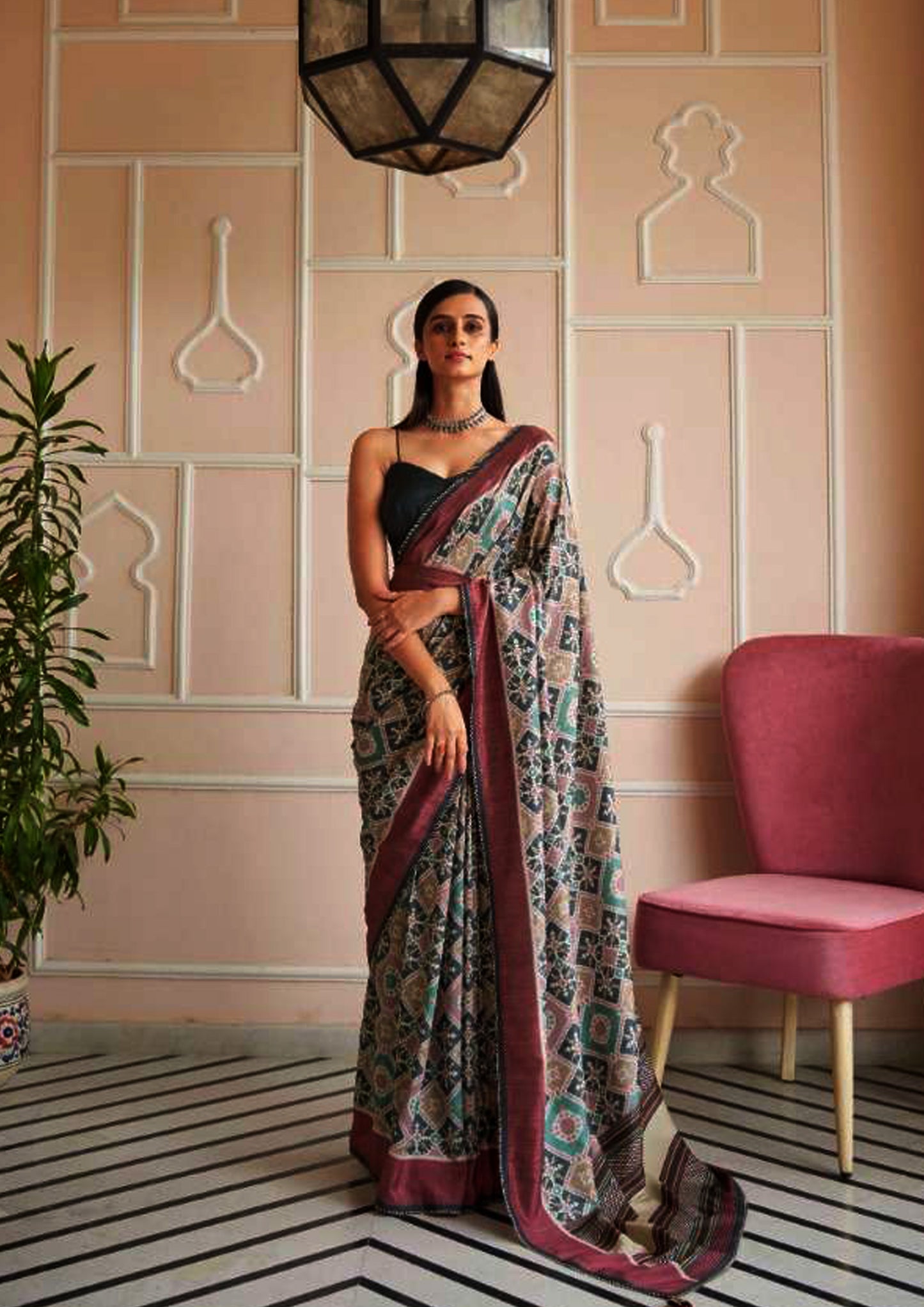 Multicolor printed pure silk saree with pink border and black colored blouse (Unstitched)