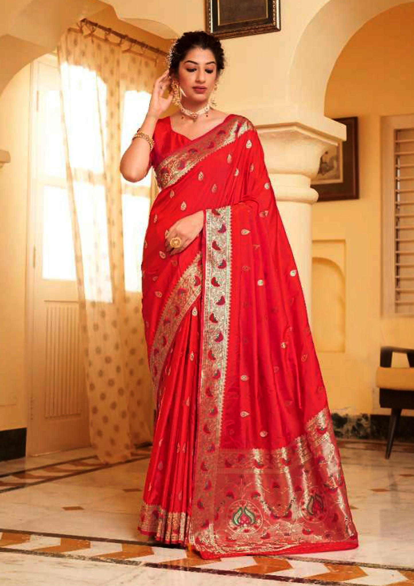 Red pure silk saree with golden border and matching blouse (unstitched)