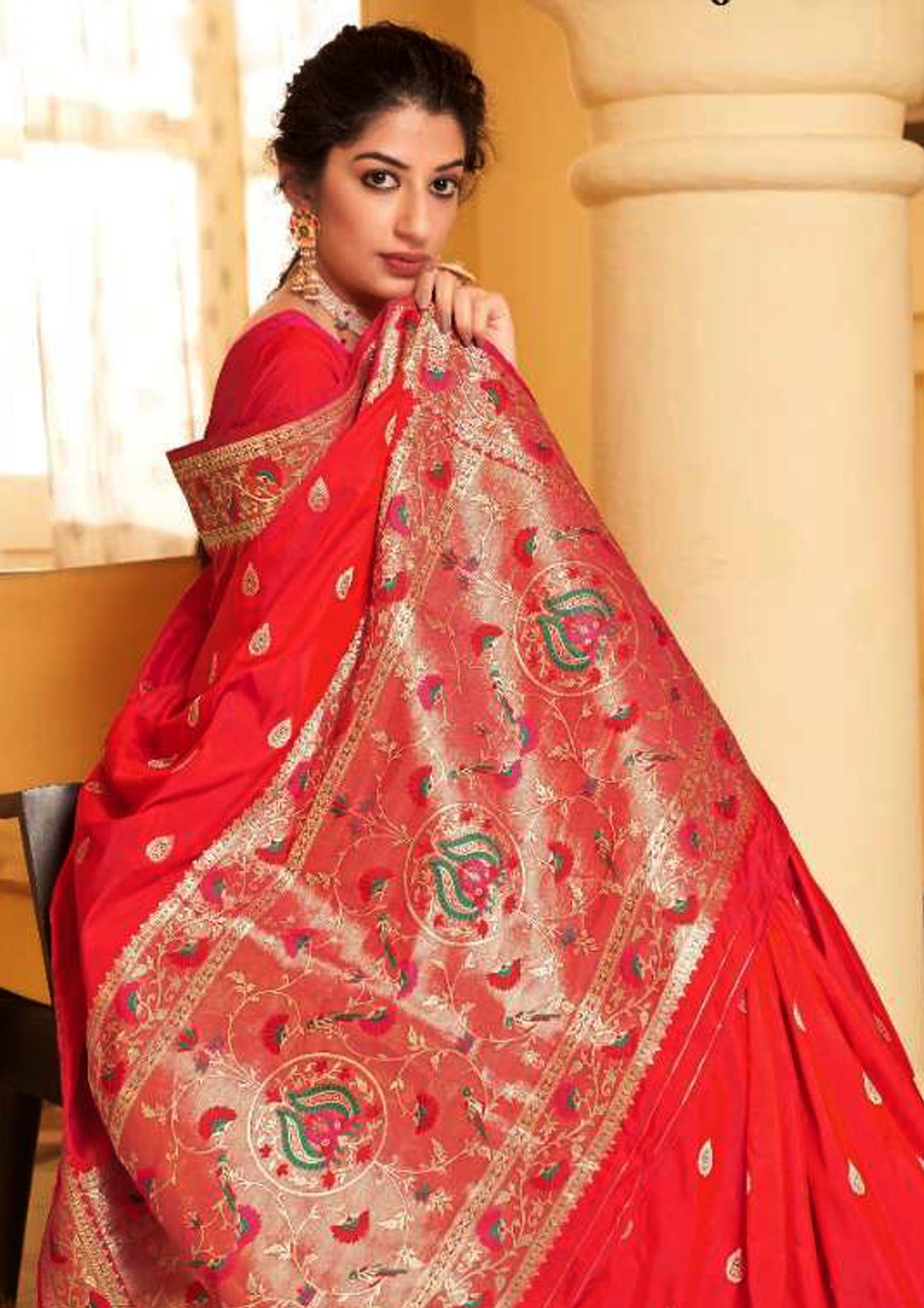 Red pure silk saree with golden border and matching blouse (unstitched)