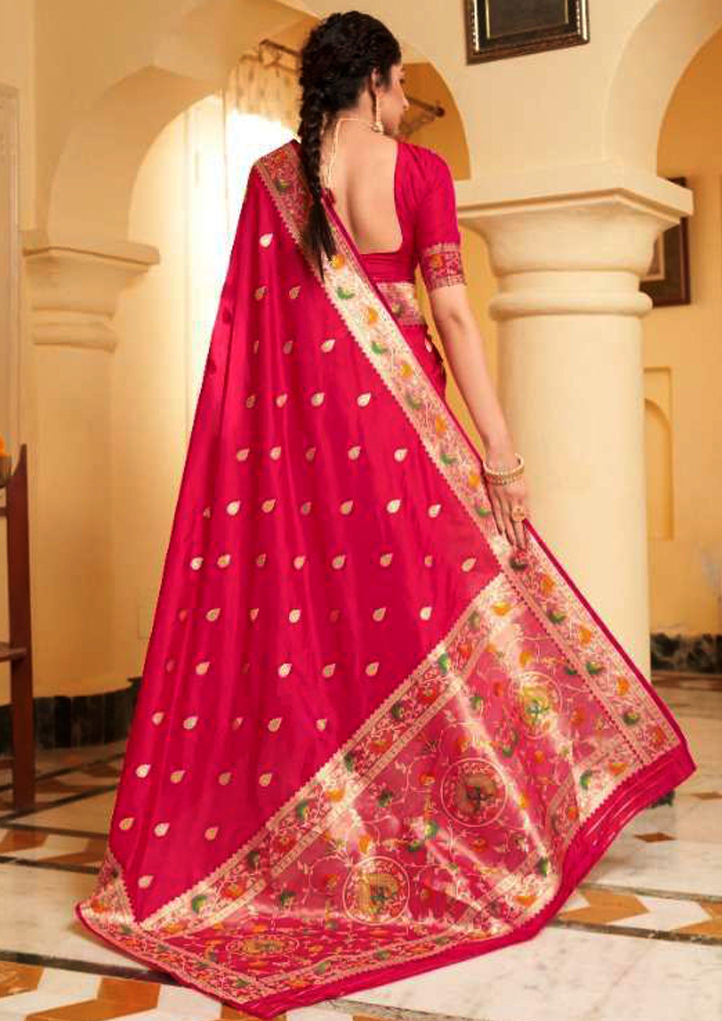 Rosewood Pink pure silk saree with golden border and matching blouse (unstitched)